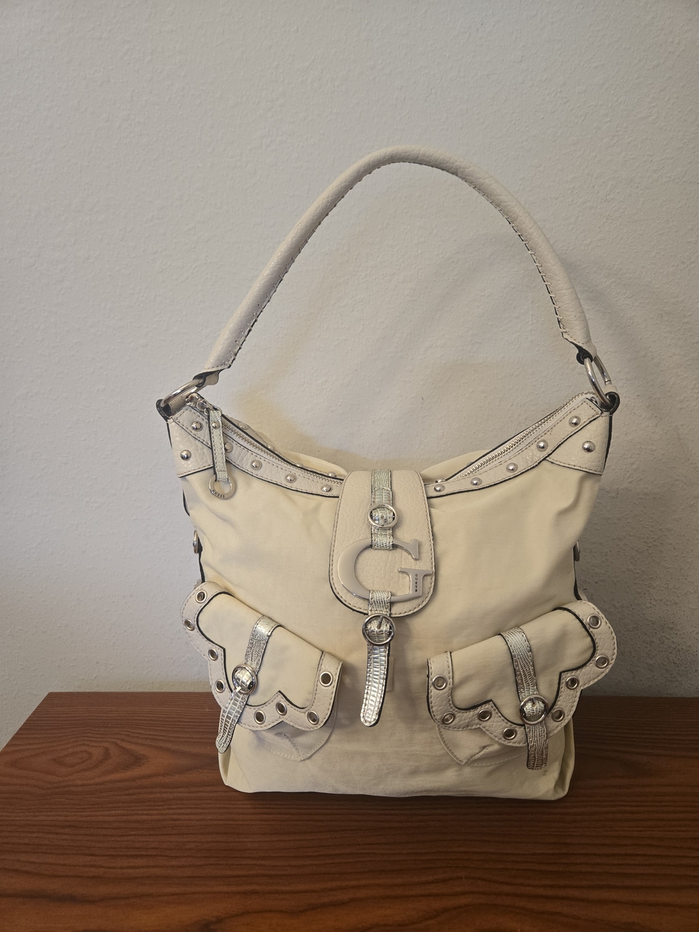 Guess Cream Shoulder Bag with Silver Accents